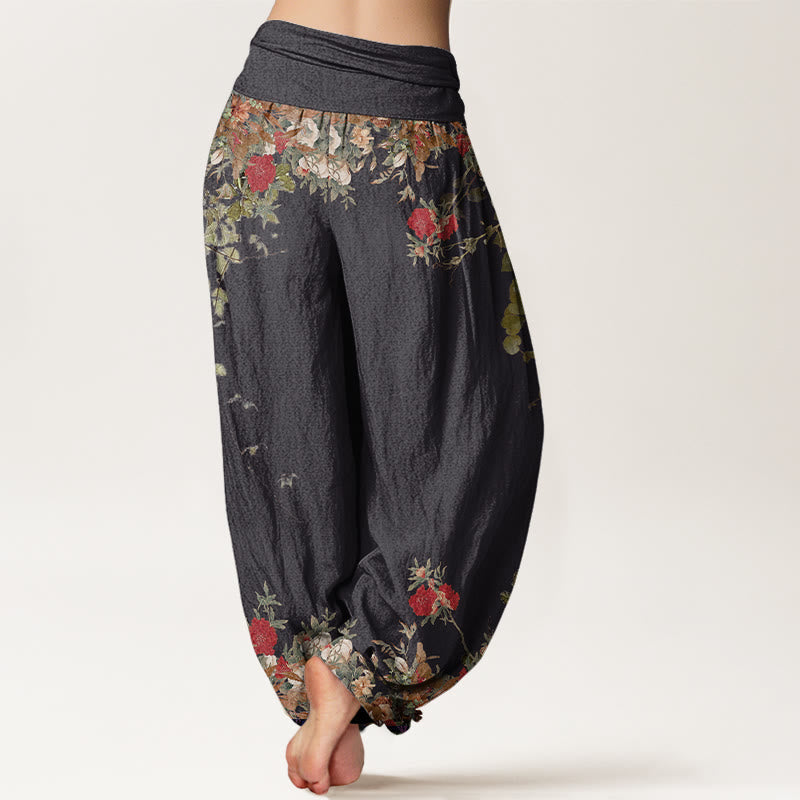 Buddha Stones Casual Red Peony Flower Vine Design Women's Elastic Waist Harem Pants - image 3