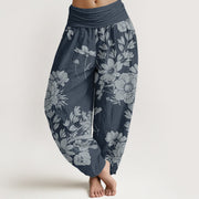 Foviel Casual Peony Leaves Women's Elastic Waist Harem Pants