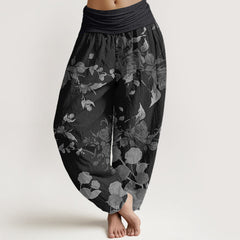 Buddha Stones Blooming Budding Flowers Pattern Women's Elastic Waist Harem Pants - Black - US22，UK/AU26，EU54 (6XL) - image 0