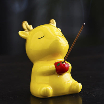 Buddha Stones Cute Deer Holder Healing Ceramic Incense Burner Desk Decoration Incense Burner & Tea Pet BS Yellow Deer 6.1*5.7*8.7cm