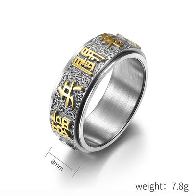 Buddha Stones Tibetan The Nine-word Mantra Yin Yang Pattern Titanium Steel Spinner Balance Ring Ring BS 8