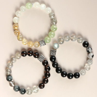 Buddha Stones Black Obsidian Black Rutilated Quartz Moonstone Cube Strength Bracelet Bracelet BS 10