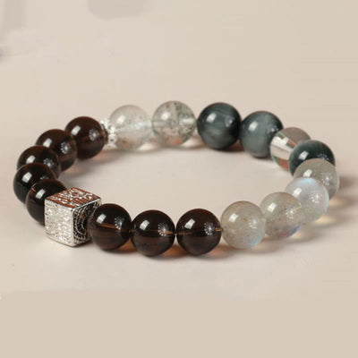 Buddha Stones Black Obsidian Black Rutilated Quartz Moonstone Cube Strength Bracelet Bracelet BS 15