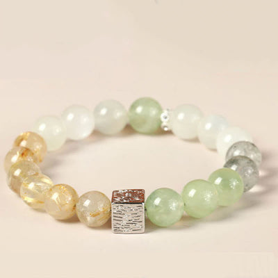 Buddha Stones Black Obsidian Black Rutilated Quartz Moonstone Cube Strength Bracelet Bracelet BS 9