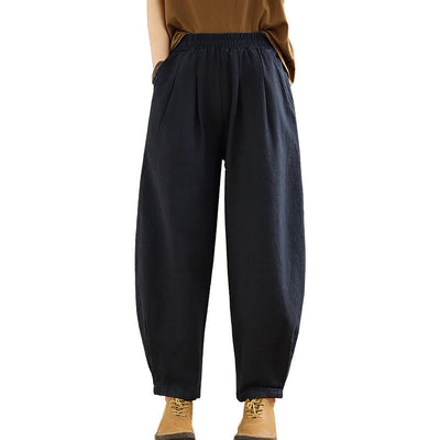 Buddha Stones Casual Solid Color Tapered Elastic Waistband Cotton Linen Women's Pants With Pockets - image 25
