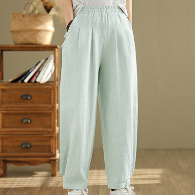 Buddha Stones Casual Solid Color Tapered Elastic Waistband Cotton Linen Women's Pants With Pockets - image 31