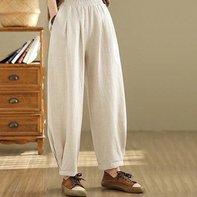Buddha Stones Casual Solid Color Tapered Elastic Waistband Cotton Linen Women's Pants With Pockets - image 12