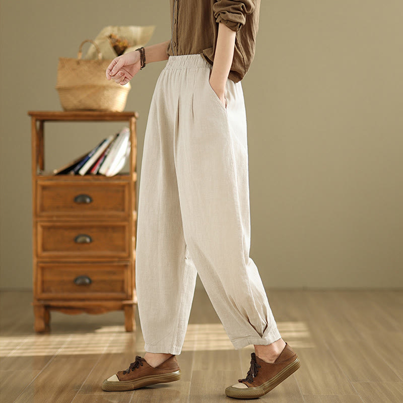 Buddha Stones Casual Solid Color Tapered Elastic Waistband Cotton Linen Women's Pants With Pockets - image 10