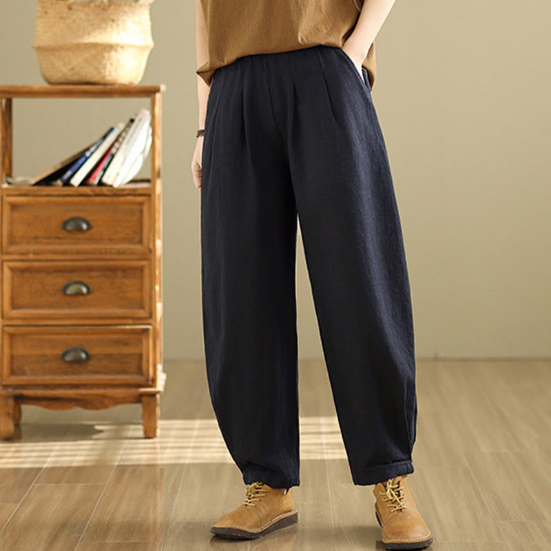 Buddha Stones Casual Solid Color Tapered Elastic Waistband Cotton Linen Women's Pants With Pockets - image 20