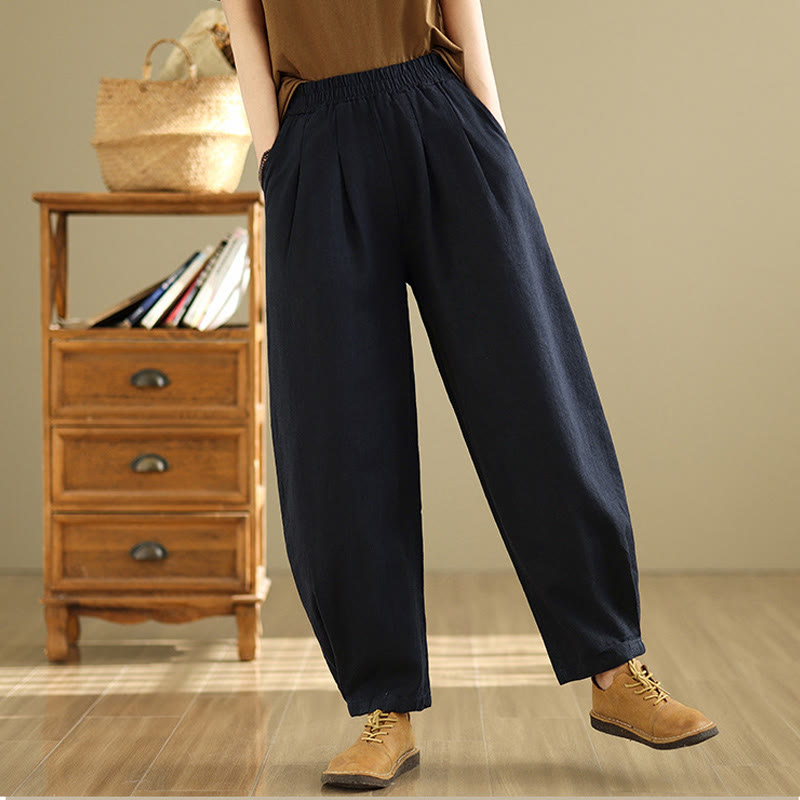 Buddha Stones Casual Solid Color Tapered Elastic Waistband Cotton Linen Women's Pants With Pockets - Black - US8-10，UK/AU12-14，EU40-42 (2XL) - image 19