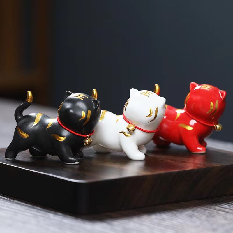 Buddha Stones Mini Cute Tiger Tea Pet Ceramic Home Desk Figurine Decoration Decorations BS main