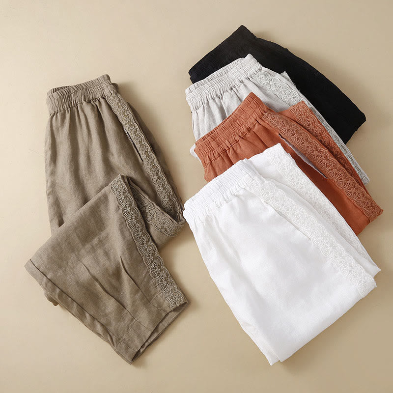 Buddha Stones Plain Color Flower Embroidery Side Linen Women's Pants With Pockets - image 1