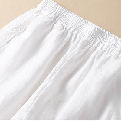 Buddha Stones Plain Color Flower Embroidery Side Linen Women's Pants With Pockets - image 28