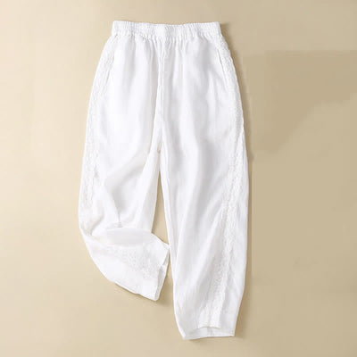 Buddha Stones Plain Color Flower Embroidery Side Linen Women's Pants With Pockets - White - US12，UK/AU16，EU44 (3XL) - image 27