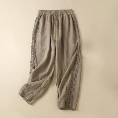 Buddha Stones Plain Color Flower Embroidery Side Linen Women's Pants With Pockets - DarkKhaki - US12，UK/AU16，EU44 (3XL) - image 0