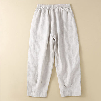 Buddha Stones Plain Color Flower Embroidery Side Linen Women's Pants With Pockets - image 14