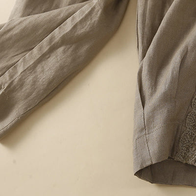 Buddha Stones Plain Color Flower Embroidery Side Linen Women's Pants With Pockets - image 5