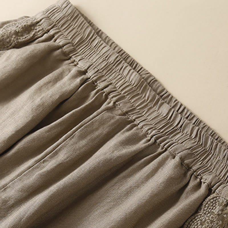Buddha Stones Plain Color Flower Embroidery Side Linen Women's Pants With Pockets - image 2