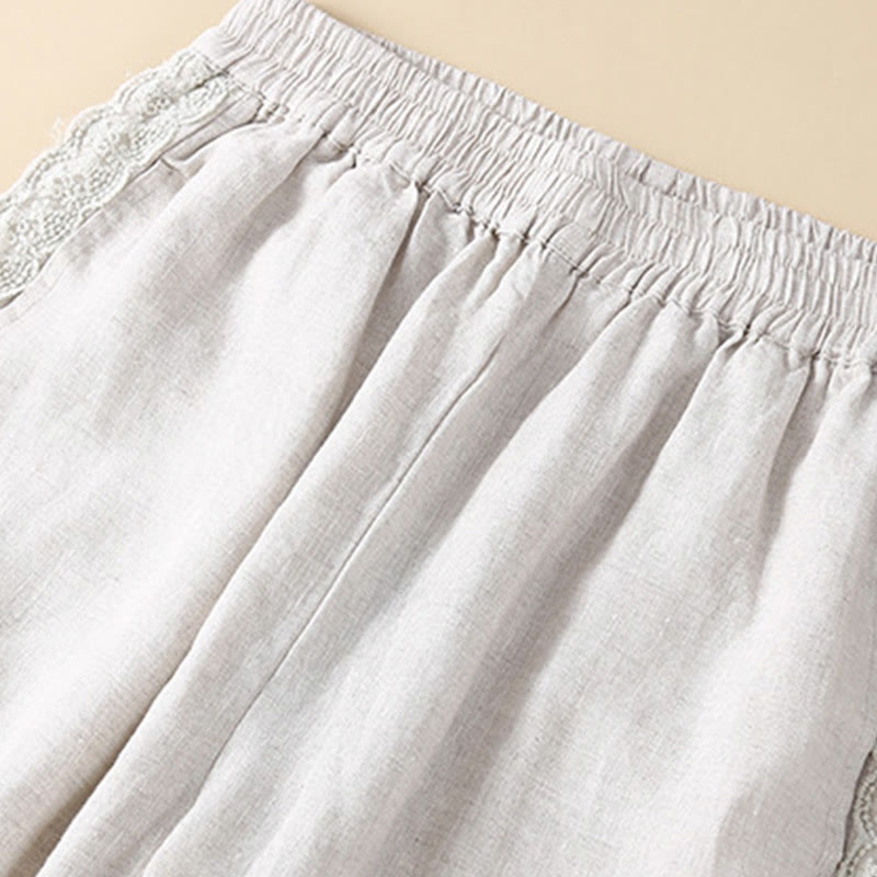 Buddha Stones Plain Color Flower Embroidery Side Linen Women's Pants With Pockets - image 15