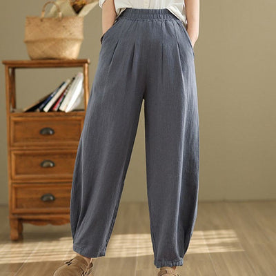 Buddha Stones Casual Solid Color Tapered Elastic Waistband Cotton Linen Women's Pants With Pockets - image 3