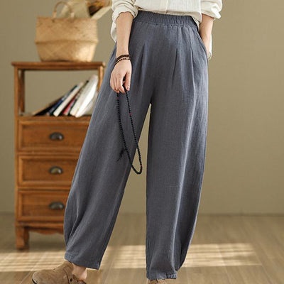 Buddha Stones Casual Solid Color Tapered Elastic Waistband Cotton Linen Women's Pants With Pockets - image 4