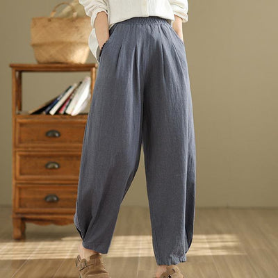 Buddha Stones Casual Solid Color Tapered Elastic Waistband Cotton Linen Women's Pants With Pockets - SteelBlue - US8-10，UK/AU12-14，EU40-42 (2XL) - image 0