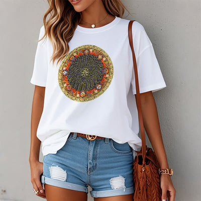 Foviel Circular Om Mani Padme Hum Eight Auspicious Symbols Cotton Tee T-shirt