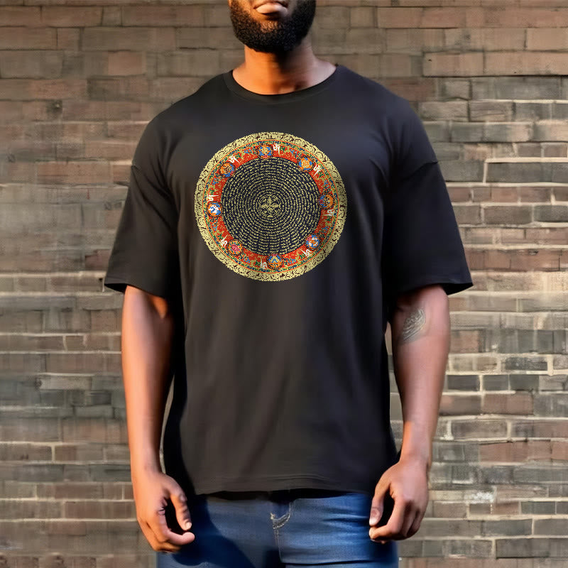 Foviel Circular Om Mani Padme Hum Eight Auspicious Symbols Cotton Tee T-shirt