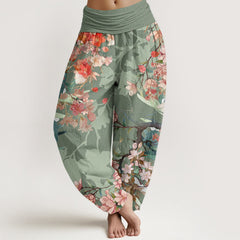 Buddha Stones Cotton Red Pink Blooming Flowers Lush Branches Women's Elastic Waist Harem Pants - DarkSeaGreen - US22，UK/AU26，EU54 (6XL) - image 0