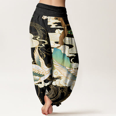 Buddha Stones Flying Cranes Auspicious Clouds Tree women's Elastic Waist Harem Pants - image 3