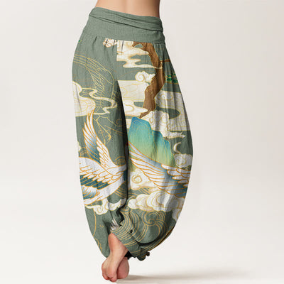 Buddha Stones Flying Cranes Auspicious Clouds Tree women's Elastic Waist Harem Pants - image 7