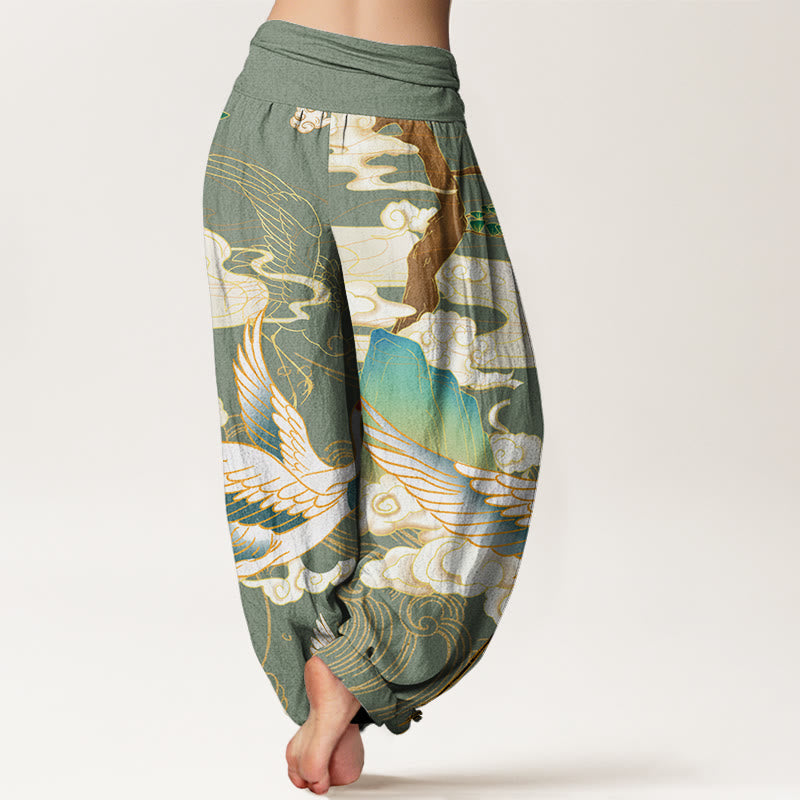 Buddha Stones Flying Cranes Auspicious Clouds Tree women's Elastic Waist Harem Pants - image 7