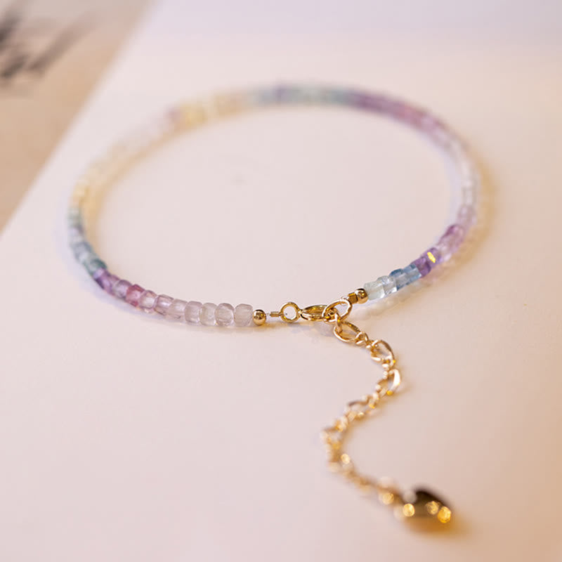 Buddha Stones 2.5mm Fluorite Ultra-thin Beads 14k Gold Plated Copper Heart Power Bracelet Bracelet BS 8
