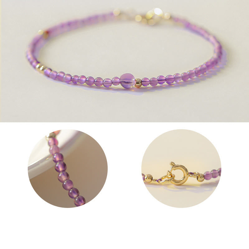 Bracelet de méditation pour la paix intérieure Foviel en perles d'améthyste naturelle ultra-fines de 2 mm et cuivre plaqué or 14 carats