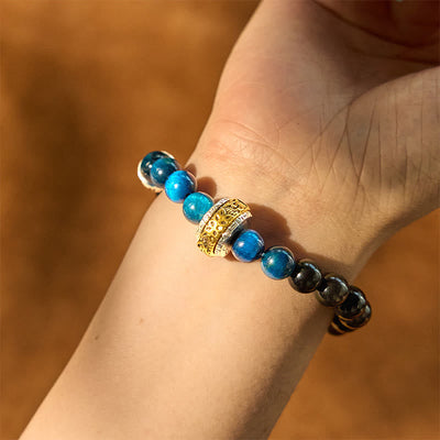 Bracelet de protection Foviel en obsidienne argentée, œil de tigre bleu et mantra Om Mani Padme Hum
