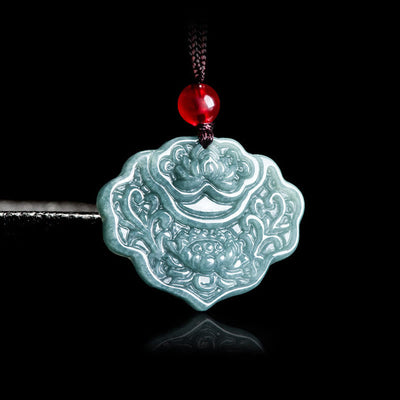 Buddha Stones Lotus Pattern Carved Jade Abundance Prosperity Necklace Rope Pendant Necklaces & Pendants BS 2