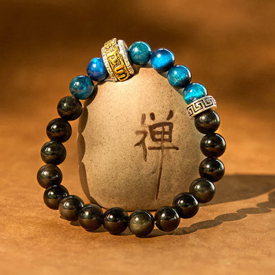 Bracelet de protection Foviel en obsidienne argentée, œil de tigre bleu et mantra Om Mani Padme Hum