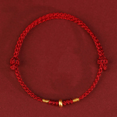 Buddha Stones 999 Gold Small Lucky Beads String Protection Luck Braided Bracelet Anklet - 999 Gold Anklet(Circumference 19-23cm) - Dark Red Rope - image 2