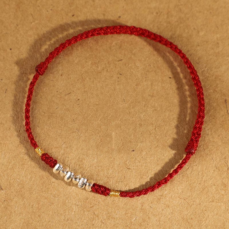 Buddha Stones 925 Sterling Silver String Protection Luck Ultra-Thin Braided Bracelet Anklet - 925 Sterling Silver Dark Red Rope - Anklet(Circumference 19-23cm) - image 1