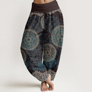 Foviel Cotton Mandala Pattern Leaves Women's Elastic Waist Harem Pants