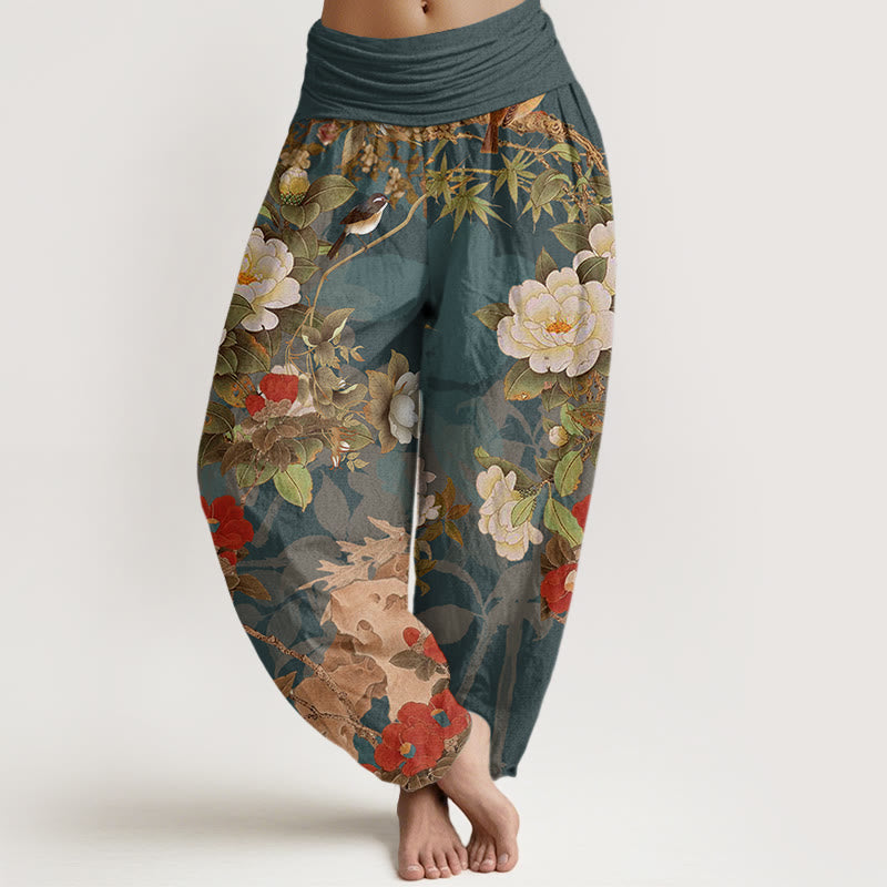Buddha Stones Casual Peony Flowers Leaves Magpie Women's Elastic Waist Harem Pants - Teal - US22，UK/AU26，EU54 (6XL) - image 1