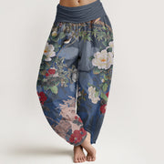 Foviel Cotton Casual Peony Flowers Leaves Magpie Women's Elastic Waist Harem Pants