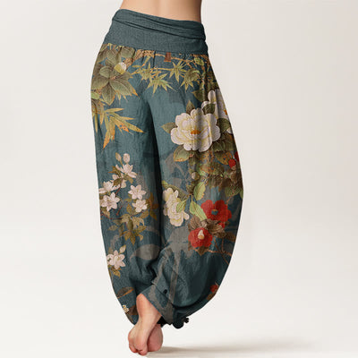 Buddha Stones Casual Peony Flowers Leaves Magpie Women's Elastic Waist Harem Pants - image 3