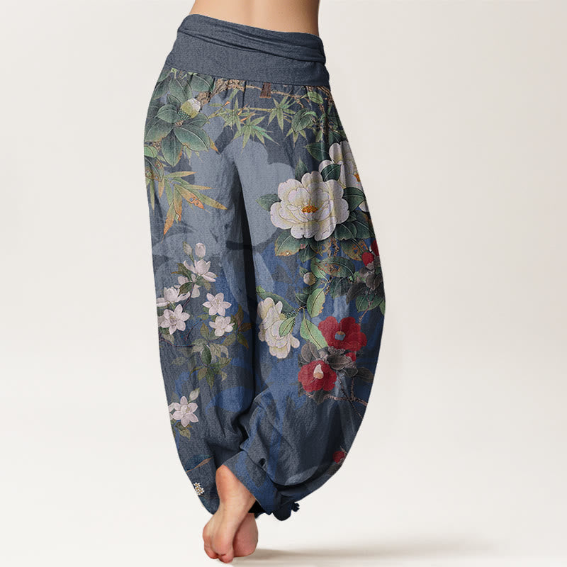 Buddha Stones Casual Peony Flowers Leaves Magpie Women's Elastic Waist Harem Pants - image 10