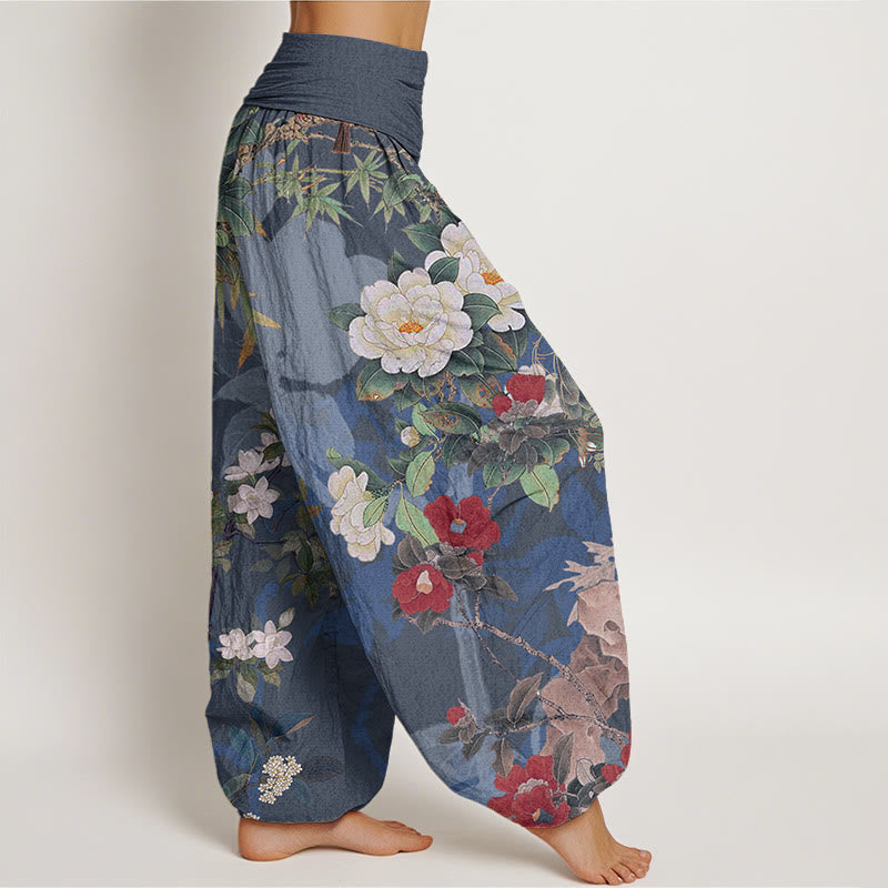 Buddha Stones Casual Peony Flowers Leaves Magpie Women's Elastic Waist Harem Pants - image 9