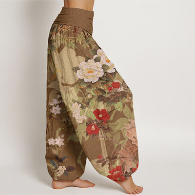 Buddha Stones Casual Peony Flowers Leaves Magpie Women's Elastic Waist Harem Pants - image 6