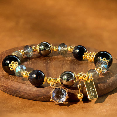 Buddha Stones Natural Black Obsidian Hematite Blue Sandstone Strength Bracelet - image 1