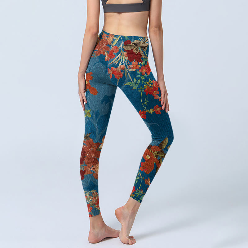 Buddha Stones Blue Red Flowers Birds Print Gym Leggings Women's Yoga Pants - image 4