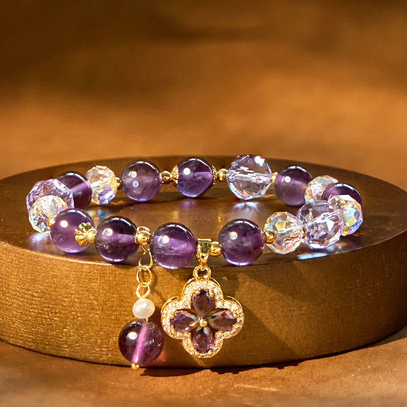 Bracelet de guérison spirituelle Foviel en cristal d'améthyste naturelle à quatre feuilles
