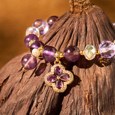 Bracelet de guérison spirituelle Foviel en cristal d'améthyste naturelle à quatre feuilles